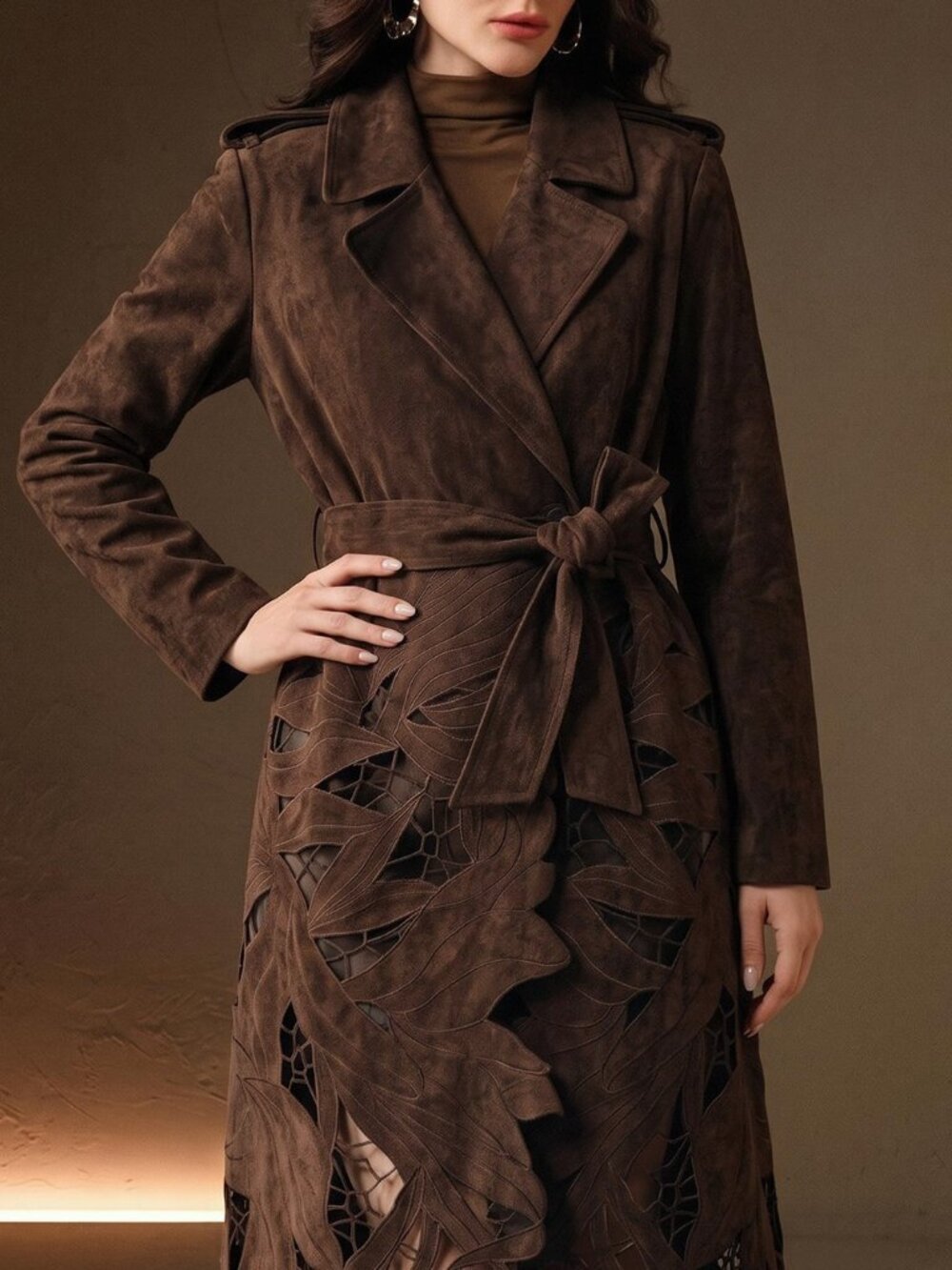 Coffee Brown Elegant Women's Leaf Hollow Embroidery Trench Coat - Picture 7 of 8
